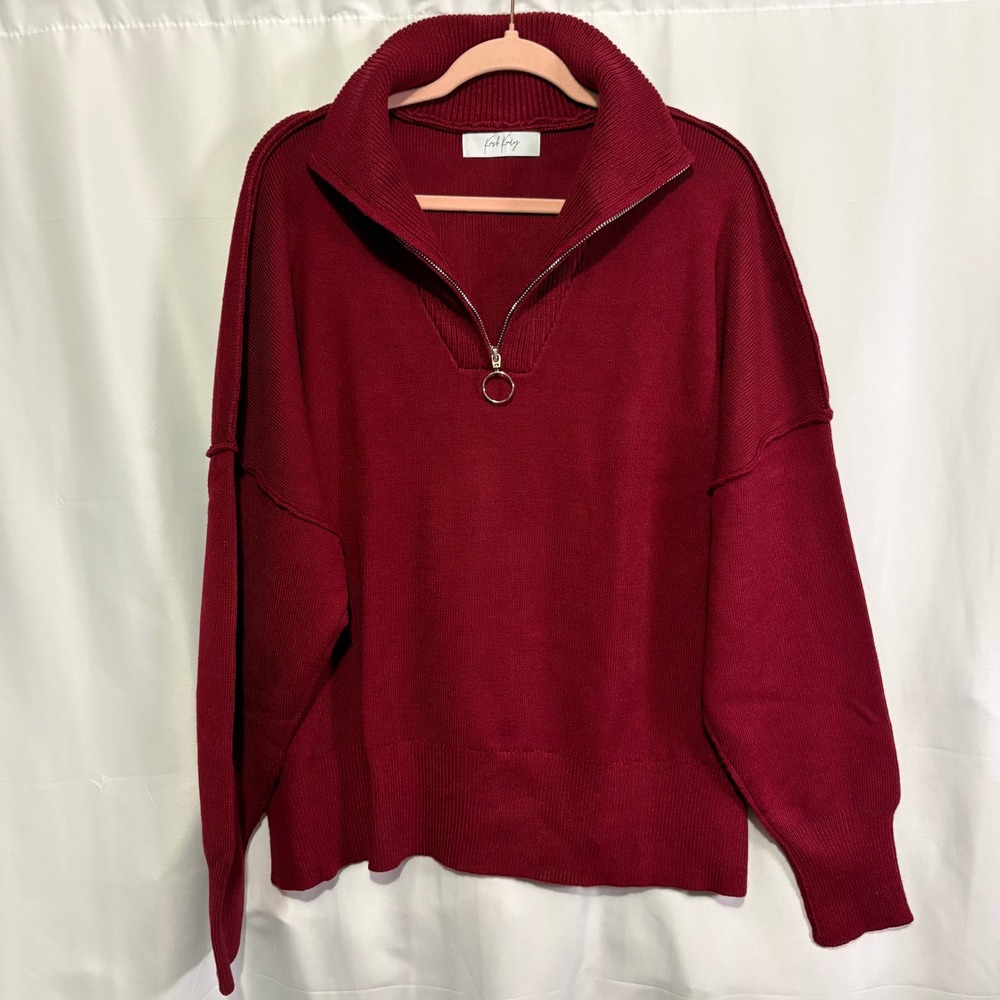 Krush Kandy Burgundy Quarter Zip Ribbed Sweater Oversized XL Ring Pull Funnel